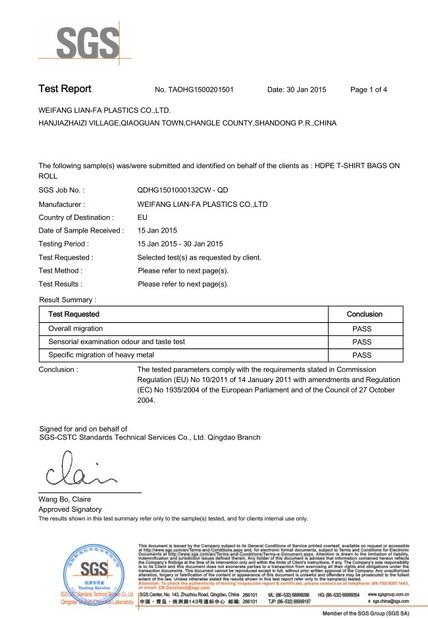 CHINA Weifang Lian-Fa Plastics Co., Ltd. certificaten